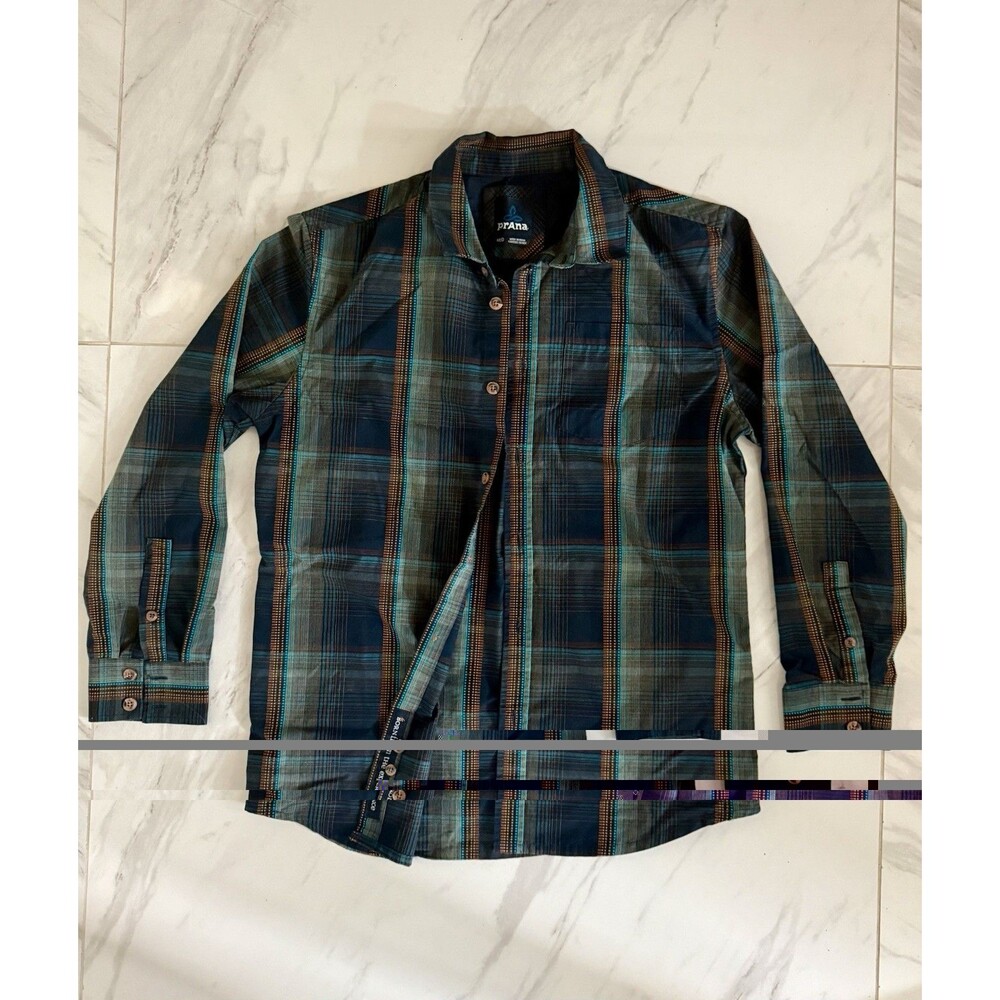 Prana Shirt Mens Medium Blue Plaid Button Up Cotton Blend